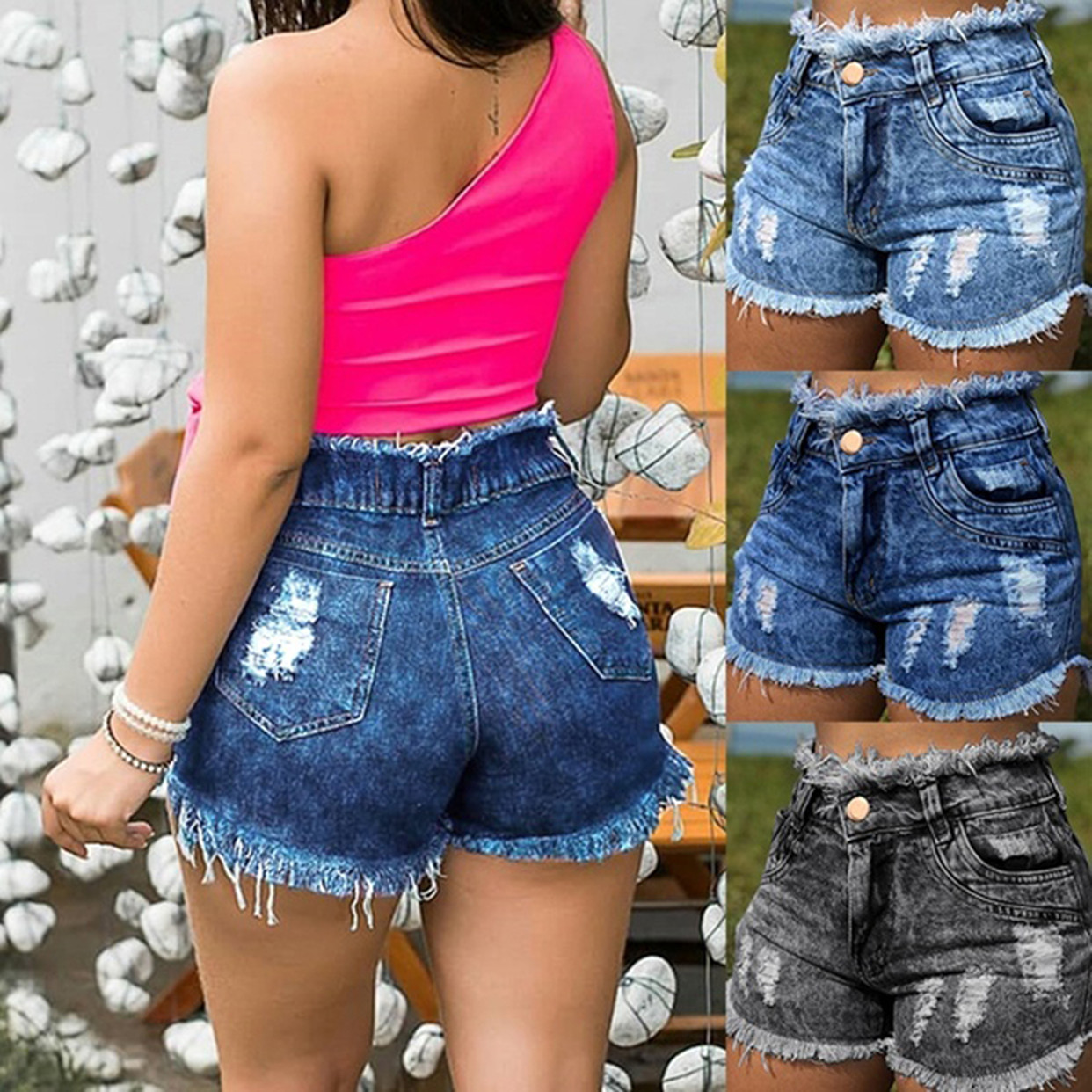 SZ60211-3 High Waist Broken Holes Chic Denim Shorts